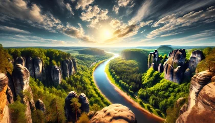Elbe river winding through bastei bridge sandstone formations at sunset in saxon switzerland national park, germany