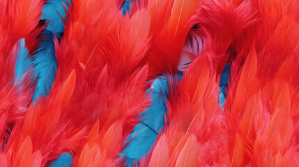 Obraz premium Vibrant red and blue feathers create striking and colorful background, showcasing mix of textures and hues that evoke sense of playfulness and creativity