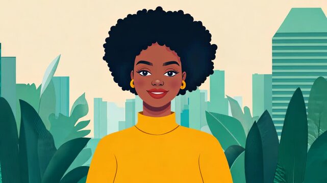 Cheerful Woman with Afro Hairstyle in Yellow Sweater Smiling Against Abstract Urban Background with Green Foliage