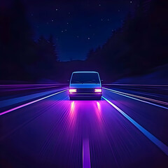 Naklejka premium Night Drive Illustration - Car, Road, Speed, Stars, Dark, Purple, Blue, Forest, Travel, Journey