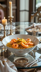 A luxurious seafood biryani presented in a fine porcelain bowl, featuring king prawns, saffron-infused basmati rice, and a drizzle of saffron butter, placed on an elegant glass dining table with golde