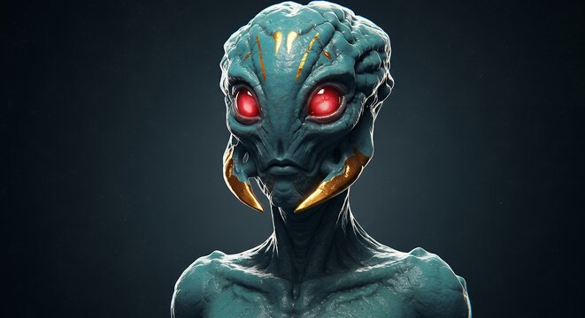 Alien Creature with Red Eyes and Golden Accents on Dark Backdrop