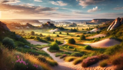 Naklejka premium Winding sandy path through lush valley at golden hour