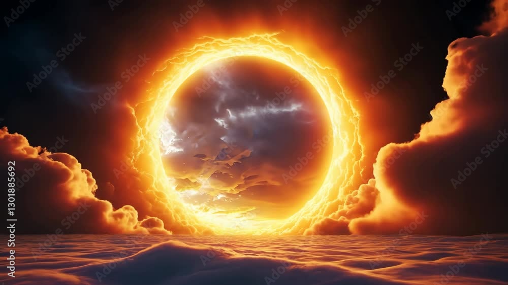 Poster fiery ring of light illuminates sky with surreal and captivating glow, surrounded by vibrant clouds 