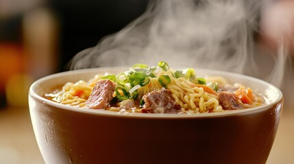 Savoring steaming ramen bowl cozy restaurant food photography indoor setting close-up view culinary delight