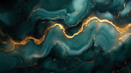 Obraz premium Abstract Green and Gold Fluid Art with Smooth Waves and Patterns