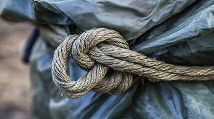 A close-up of a tightly knotted rope securing a tarp to the ground.