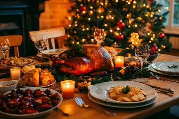 Photo Festive Holiday Dinner Table Decorated Turkey