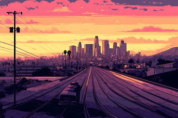 Illustration Cityscape Sunset Urban Skyline Architecture Downtown Buildings Palm Trees Road Vehicle