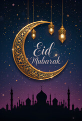 Fototapeta premium Eid Mubarak, Golden Crescent Moon and a Spiritual Night Sky Atmosphere 