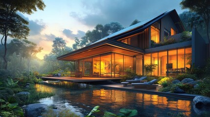 Obraz premium A conceptual rendering of a home maximizing passive cooling.