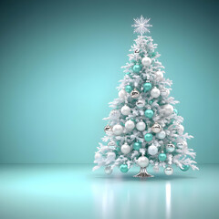 3D Illustration Festive Christmas Tree with Ornaments on Turquoise Background