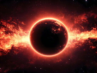 Obraz premium Illustration of Planet Surrounded by Nebula, Stars, and Red, Orange, and Yellow Clouds