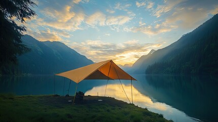 A hiker's tarp shelter set up near a calm lake with rope supports.