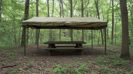 Naklejka premium A hiking break area under a tarpaulin tent in the wild.