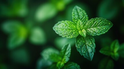 Close-up of fresh mint leaves with dew drops, garden background
