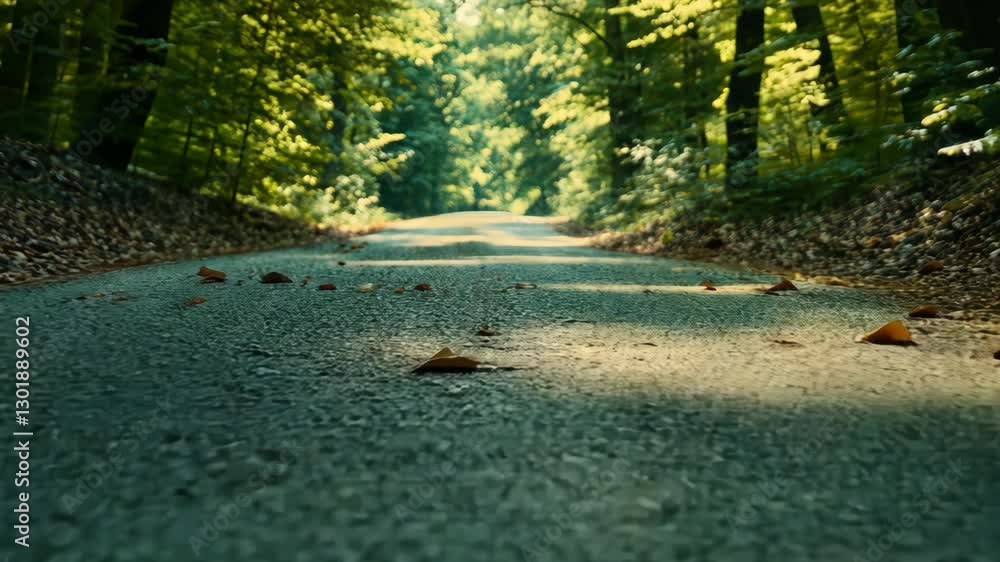 Aufkleber serene pathway lined by trees in a quiet forest during the day with scattered leaves