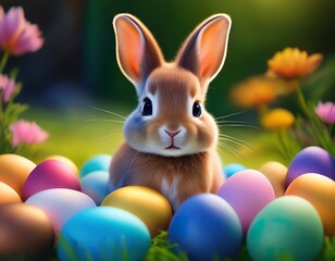 Fototapeta premium el adorable y tierno conejo bebe con largas orejas y bigotes rodeado de muchos huevos de colores en perspectiva en un jardin luminoso y verde