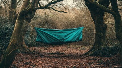 A lightweight tarpaulin stretched over a rope between two trees in the woods.