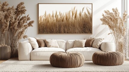 Beige Living Room with Wheat Field Art