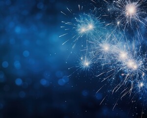 Vibrant fireworks illuminate a dark blue sky, creating a festive atmosphere with bokeh effects