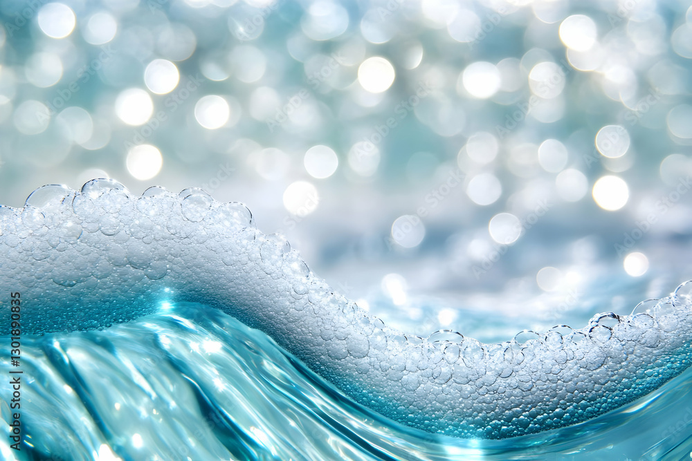 Poster abstract background - sparkling blue wave with bubbles and bokeh