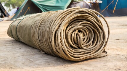 A rolled-up tarpaulin with bundled rope on a campsite ground.