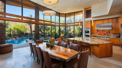 Luxurious Modern Kitchen and Dining Area with Pool View