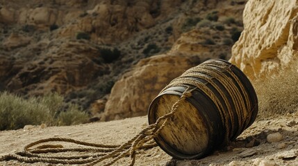 Fototapeta premium A rugged outdoor scene where a rope pulls a heavy metal drum.