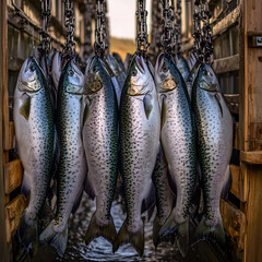 Fototapeta premium Photo Hanging Fish Fresh Salmon Seafood Industry Fins Scales Aquatic