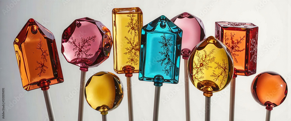 Poster a row of colorful lollipops with different shapes and sizes. the colors are bright and the shapes ar