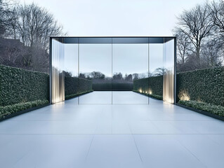 Obraz premium 3D Illustration Modern Architecture Glass Entrance, Hedge, Pathway, Trees, and Evening Sky