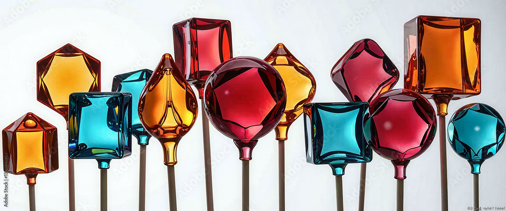 Poster a row of colorful lollipops with different shapes and sizes. the colors are bright and the shapes ar