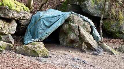 Obraz premium A small campsite under a tarpaulin tied between boulders.