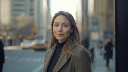 Confident Young Woman Smiling in Urban Setting with Cityscape Background