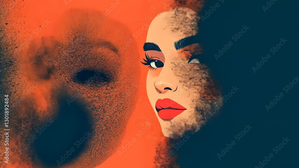 Poster asymmetrical face portrait highlighting bold features and creative expression in digital art with vi