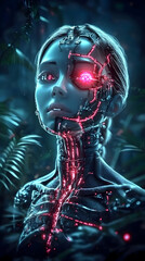 3D Illustration Cyborg Jungle Fantasy Futuristic Technology Woman AI Robot Science Fiction