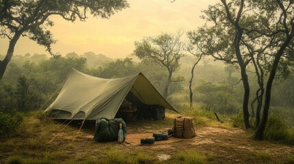 A tarp and rope emergency setup during a sudden downpour.