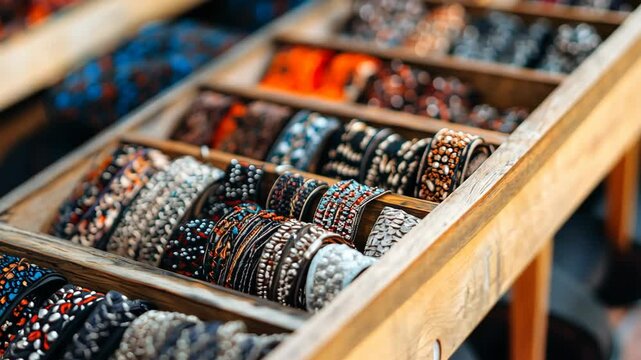 Colorful collection of handmade bracelets displayed in a market stall during a sunny afternoon