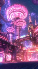 Illustration - Futuristic Cityscape, Neon Lights, and Alien Planet