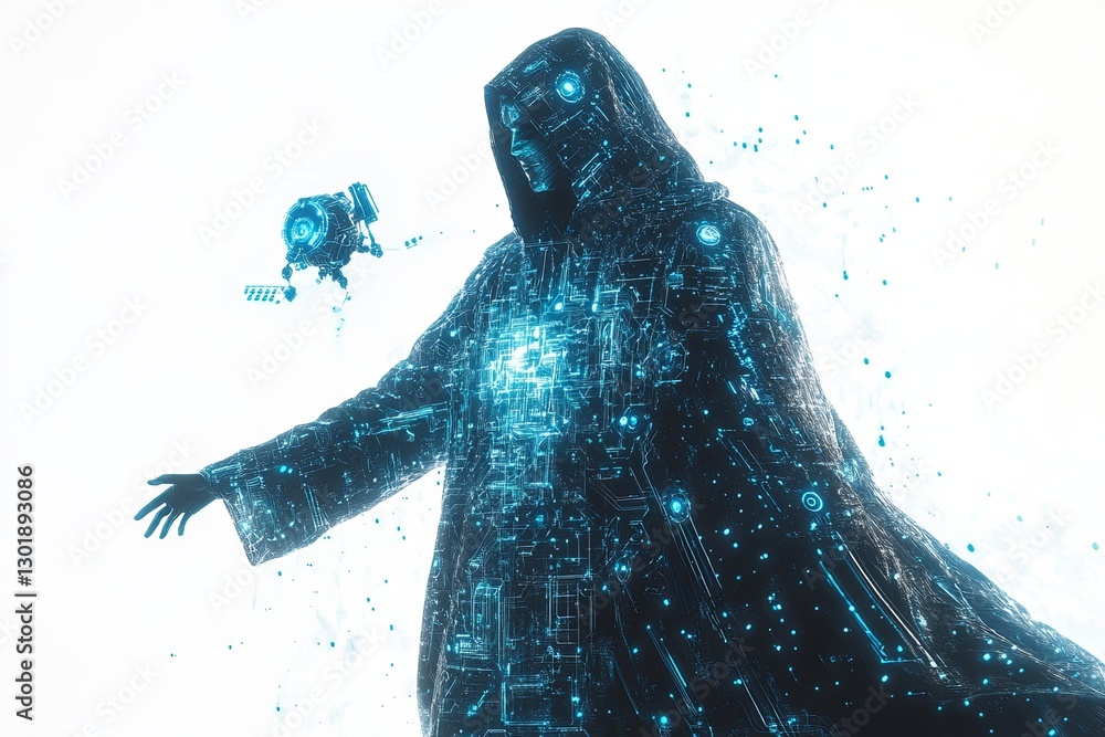 Aufkleber digital figure with glowing circuits and robotic elements in a futuristic landscape