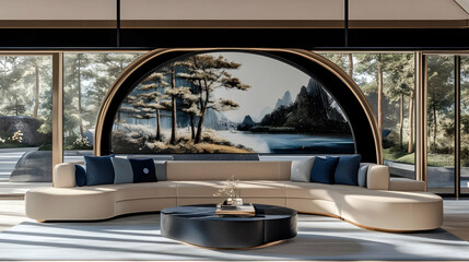 Fototapeta premium Illustration Interior Design Living Room Sofa Coffee Table Window View