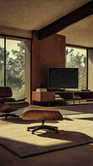 Illustration: Cozy Living Room Interior Design with Nature View