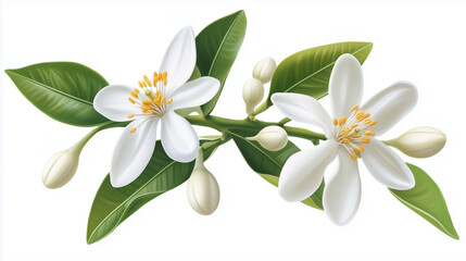 The fresh white flowers and buds of Neroli blossom from an orange tree, captured in a beautiful bunch, isolated in transparent PNG format.