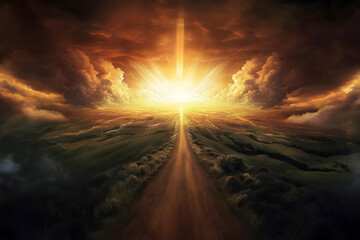 Illustration - Road to Enlightenment, Light, Hope, Journey, Path, Destination, Clouds, Sky, Landscape, Nature