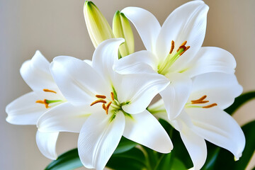 Fototapeta premium Photo White Lily Flowers, Blossom, Petals, Green Leaves, Nature, Floral, Spring, Summer, Garden, Botany