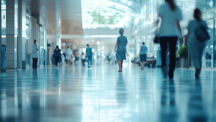 Blurred Motion of People Walking in a Modern Hospital Hallway