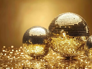 Obraz premium Golden Disco Balls Background Image - Sparkle, Party, Celebration, Dance, Nightlife, Gold, Glamour, Glitter, Music, Light