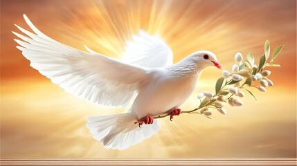 Obraz premium Illustration of White Dove with Olive Branch, Symbol of Peace, Hope, Love, and Spirituality