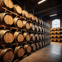Whiskey, bourbon, scotch barrels in an aging facility. Hand edited,  based.